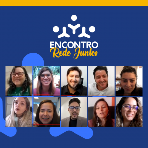 A arte tem fundo azul forte com uma faixa amarela no topo. Abaixo, lê-se em branco e amarelo "Encontro Rede Juntos". Em seguida, vê-se 10 quadros, cada um com uma pessoa