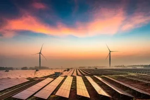 A foto mostra uma área de produção de energia renovável. Vemos ao fundo dois moinhos para a produção de energia eólica e várias e várias placas fotovoltaicas, para captação de energia solar.